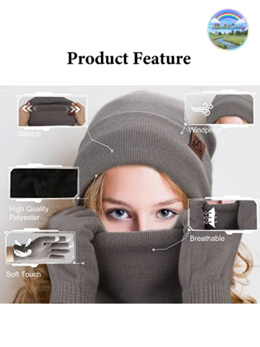 Winter Beanie Hat Scarf Touch Screen Gloves 3-Piece Set Acrylic Fleece Lined